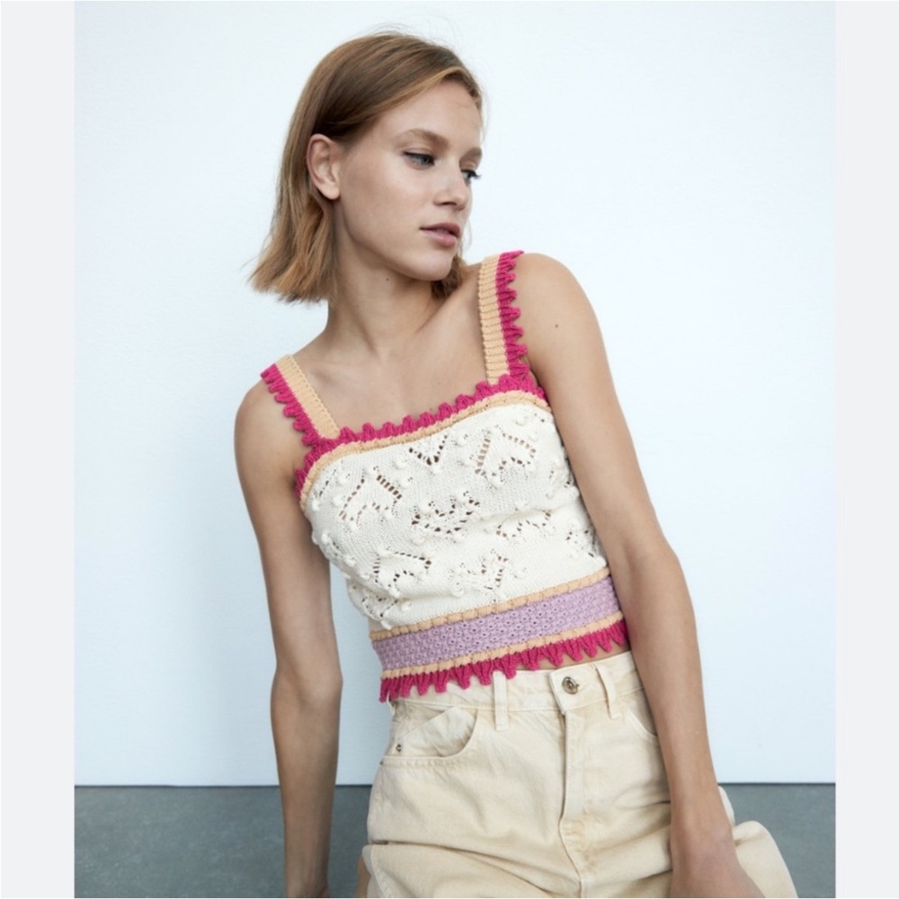 Zara Cream and Pink Knit Tank Top With Crochet Hearts